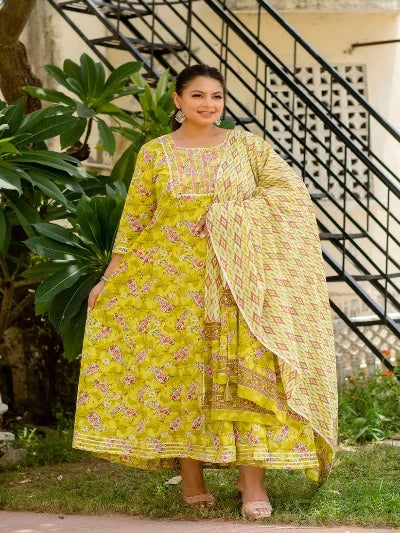 Plus Size Lime Embroidered Cotton Anarkali Dupatta Set Of 2