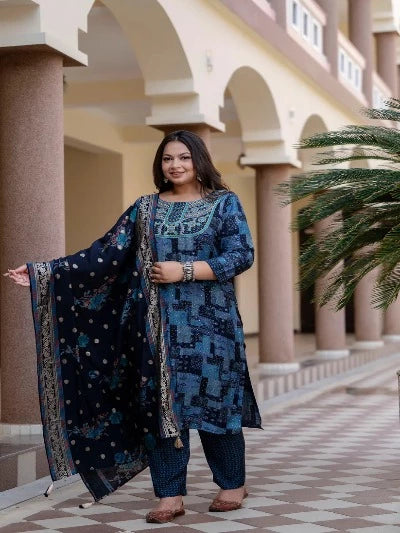 Plus Size Blue Traditional Printed Muslin Readymade Salwar Suit