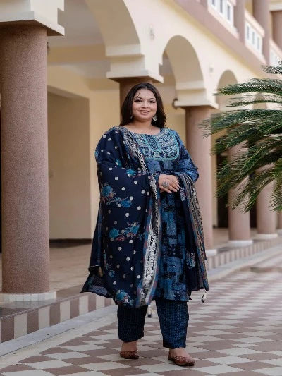 Plus Size Blue Traditional Printed Muslin Readymade Salwar Suit