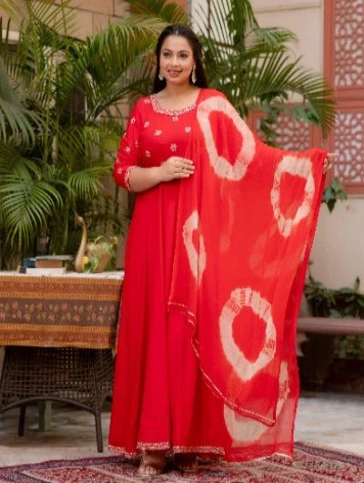 Red Embroidered Anarkali Kurta & Dupatta Set