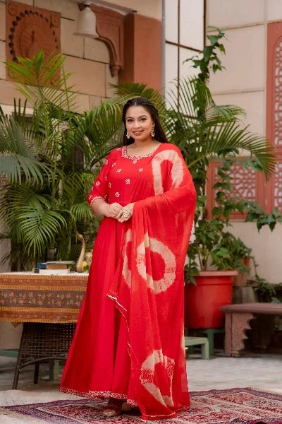 Red Embroidered Anarkali Kurta & Dupatta Set
