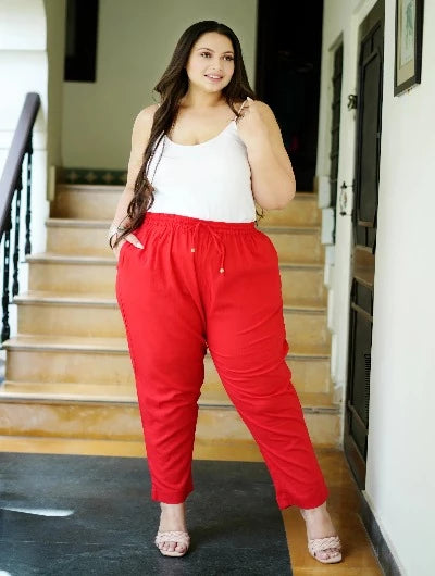 Plus size Women Red Cotton Trouser Pant