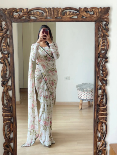White 1 Min Saree Ready to Wear Georgette Sari