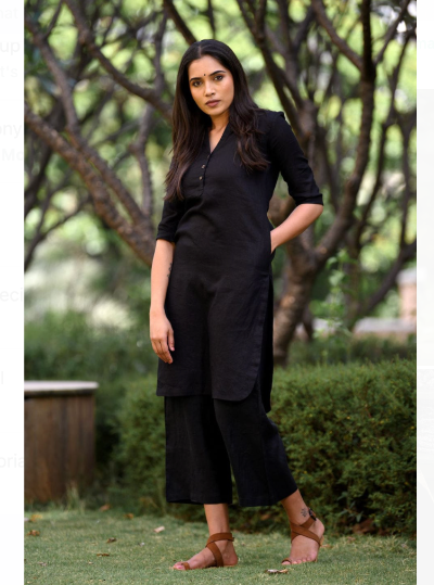 Black Plain Cotton Kurta Pant Set for Women