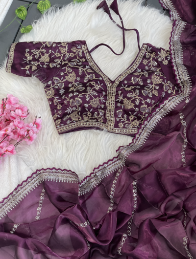 Burgandy Organza Silk Zari Saree with Readymade Stitched Blouse