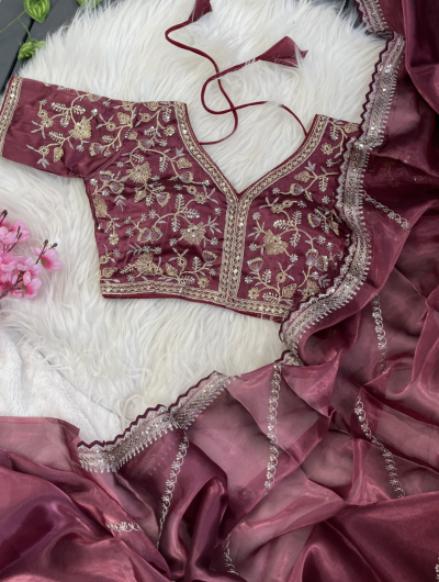 Onion Pink Organza Silk Zari Saree with Readymade Stitched Blouse