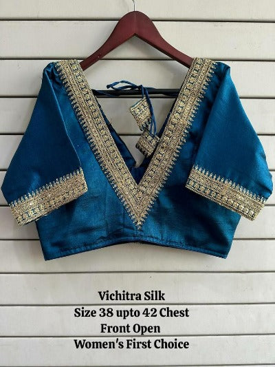 Vichitra Silk V Neck Embroidery And Sequence Readymade Saree Blouse