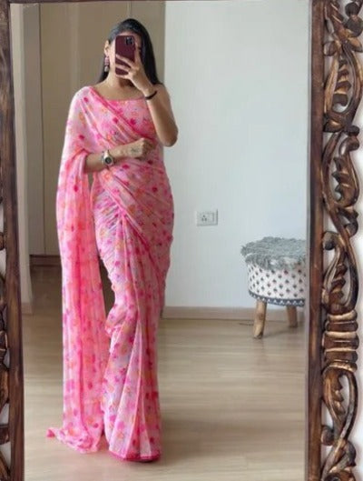 Pink Ready to Wear Sari  Georgette Floral Print One Minute Saree