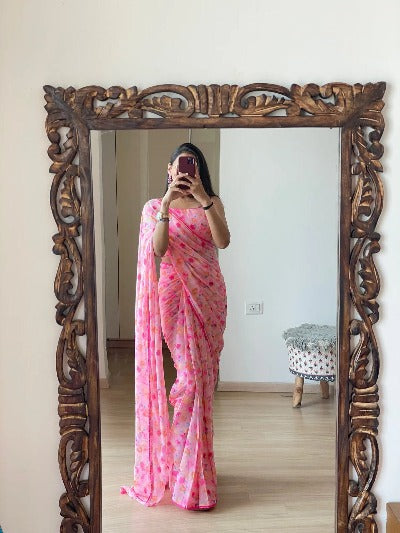 Pink Ready to Wear Sari  Georgette Floral Print One Minute Saree