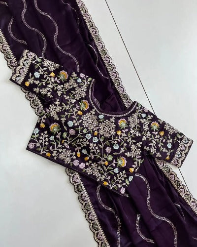 Wine Tissue Silk Designer Saree with Fully Stitched Readymade Blouse