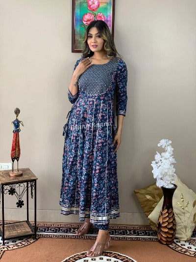 Blue Embroidered Flair Anarkali With Pant