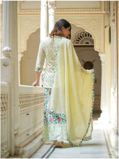 White Cambridge Cotton Katha Work Kurti Skirt With Dupatta Set