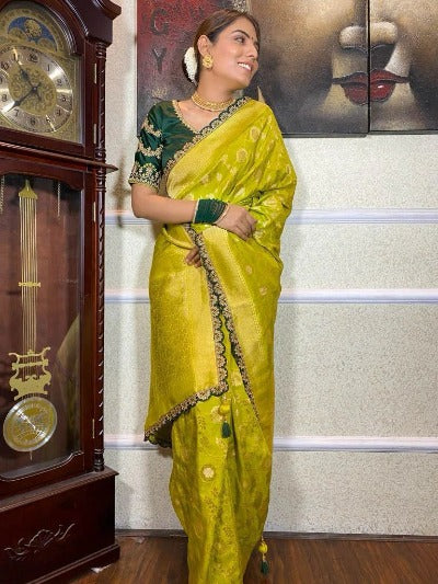 Parrot Green Banarasi silk Saree With Readymade Stitched Blouse