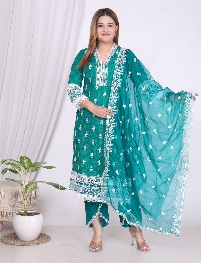 Aqua Green Heavy Rayon Thread Work Embroidered Salwar Suit Set