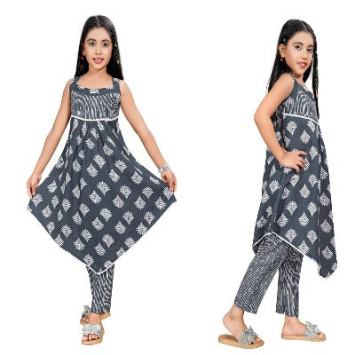 Grey Kids Girls Cotton Punjabi Suit Set of 2