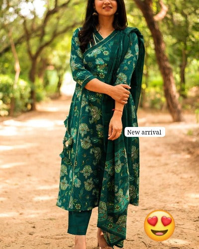 Dark Green Angharakha Style Cotton Salwar Suit Set