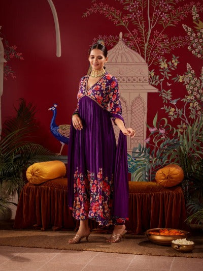 Purple Cotton Designer Heavy Embroidered Salwar Suit Set