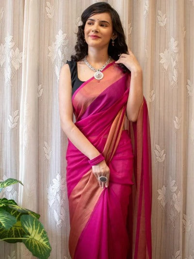 1 Min Pink Soft Chiffon Silk Stitched Readymade Saree
