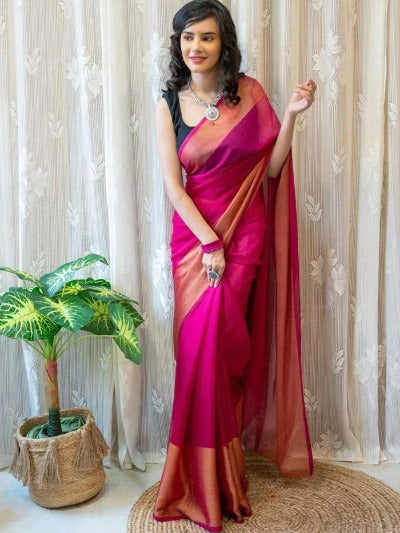 1 Min Pink Soft Chiffon Silk Stitched Readymade Saree