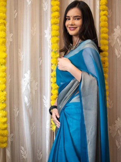 1 Min Blue Soft Chiffon Silk Stitched Readymade Saree
