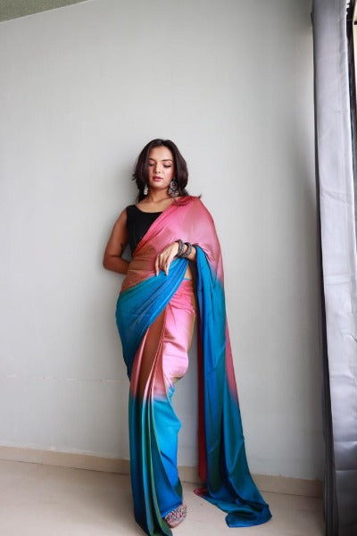 1 Min Pink & Blue Dual Tone Georgette Stitched Readymade Saree