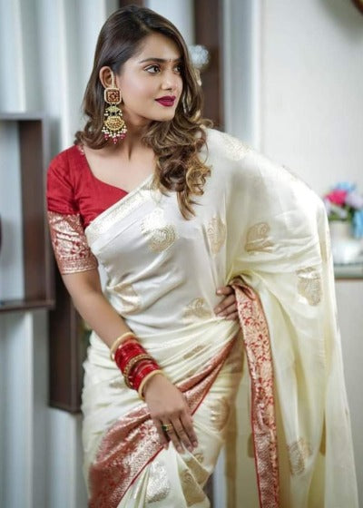 White Russian Silk Saree With Stitched Readymade Blouse