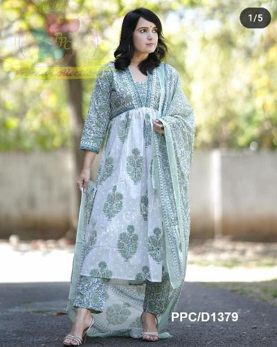 White & Green Cotton Mughal Butta Print Anarkali Suit Set