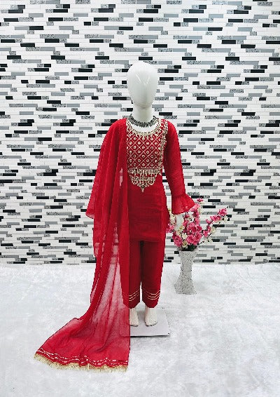 Kids Red Georgette Embroidered Salwar Suit Set