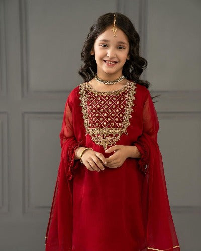 Kids Red Georgette Embroidered Salwar Suit Set