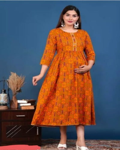 Orange Printed Cotton Maternity Dress Gown