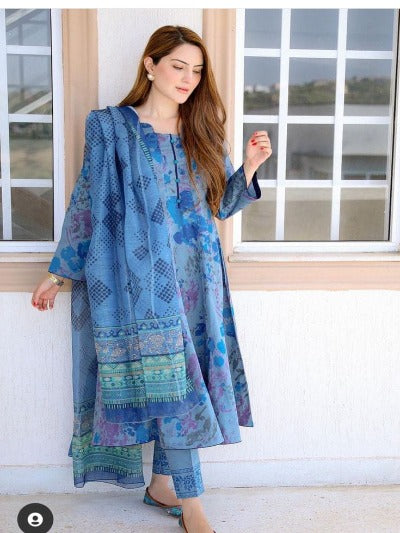 Blue Discharge Print Cotton Salwar Suit Set