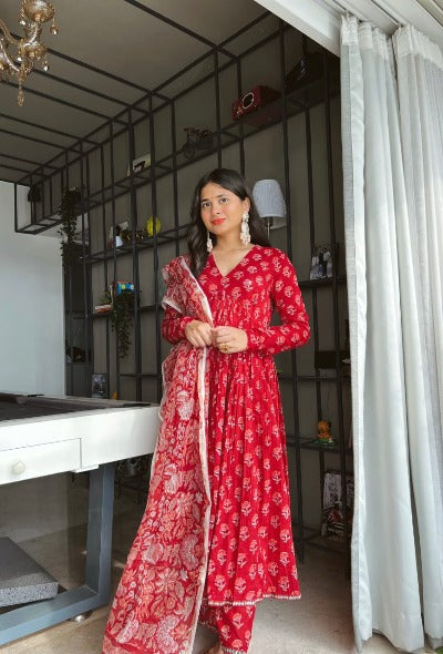 Red Printed Cotton Summer Collection Anarkali Suit Set