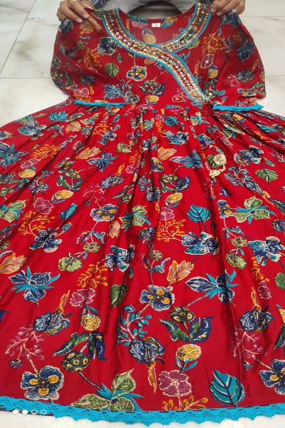 Red Angharakha Style Muslin Designer Anarkali Suit Set