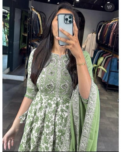 Green Saganeri Print Cotton Adda Work Anarkali Suit Set