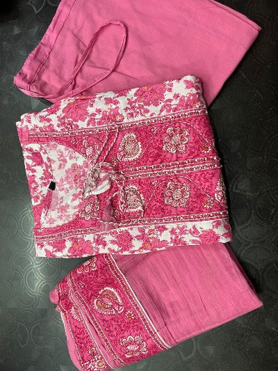Pink Saganeri Print Cotton Adda Work Anarkali Suit Set