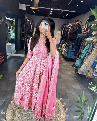 Pink Saganeri Print Cotton Adda Work Anarkali Suit Set