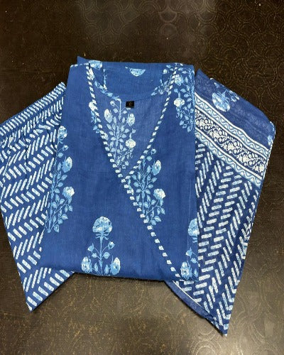 Indigo Print Cotton Angharakha Style Anarkali Suit Set