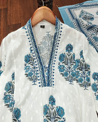 White With Blue Floral Print Cotton Anarkali Suit Set