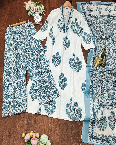White With Blue Floral Print Cotton Anarkali Suit Set