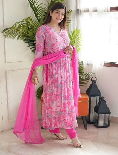 Pink Floral Angrakha Alia Cut Chinon Anarkali Suit Set