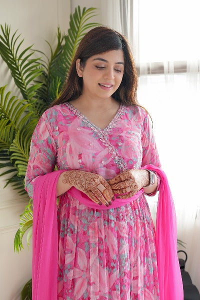 Pink Floral Angrakha Alia Cut Chinon Anarkali Suit Set