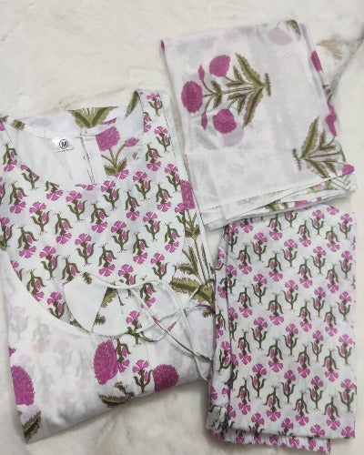 White Gulabi Poppy Print Cotton Jaipuri Anarkali Suit Set