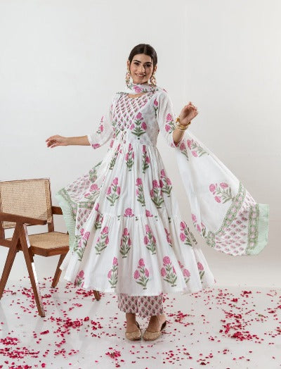 White Gulabi Poppy Print Cotton Jaipuri Anarkali Suit Set