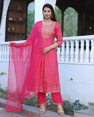 Pink Rayon Embroidery Gold Print Anarkali Suit Set