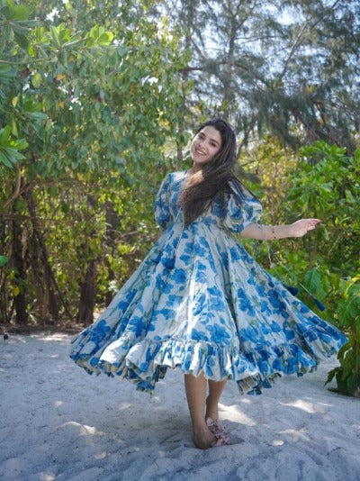Blue Floral Summer Wear Cotton Middi Dress 1Pc