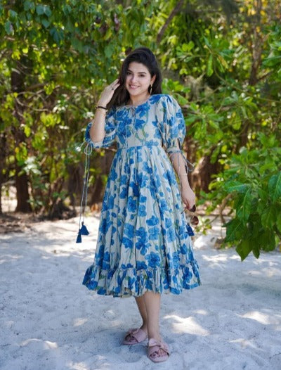 Blue Floral Summer Wear Cotton Middi Dress 1Pc