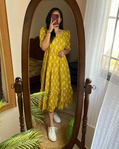 Yellow Cotton Lotus Print Middi Dress 1PC