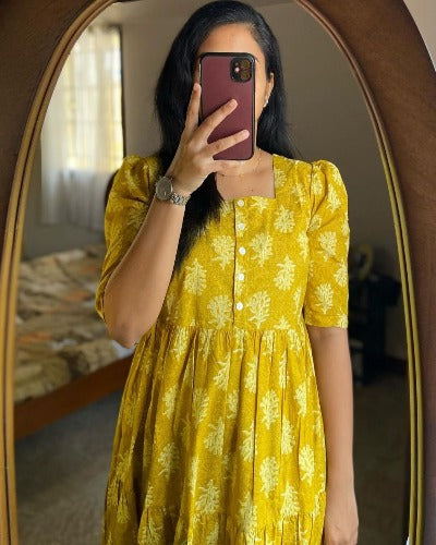 Yellow Cotton Lotus Print Middi Dress 1PC