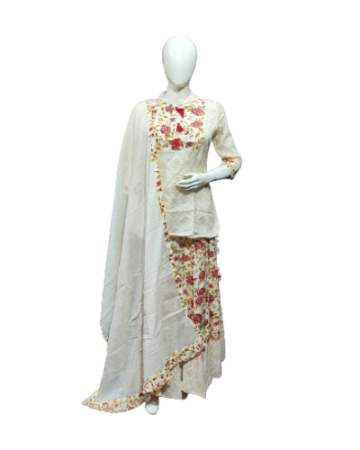 White Cambridge Cotton Katha Work Kurti Skirt With Dupatta Set