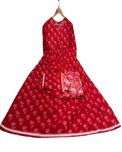 Red Printed Cotton Summer Collection Anarkali Suit Set